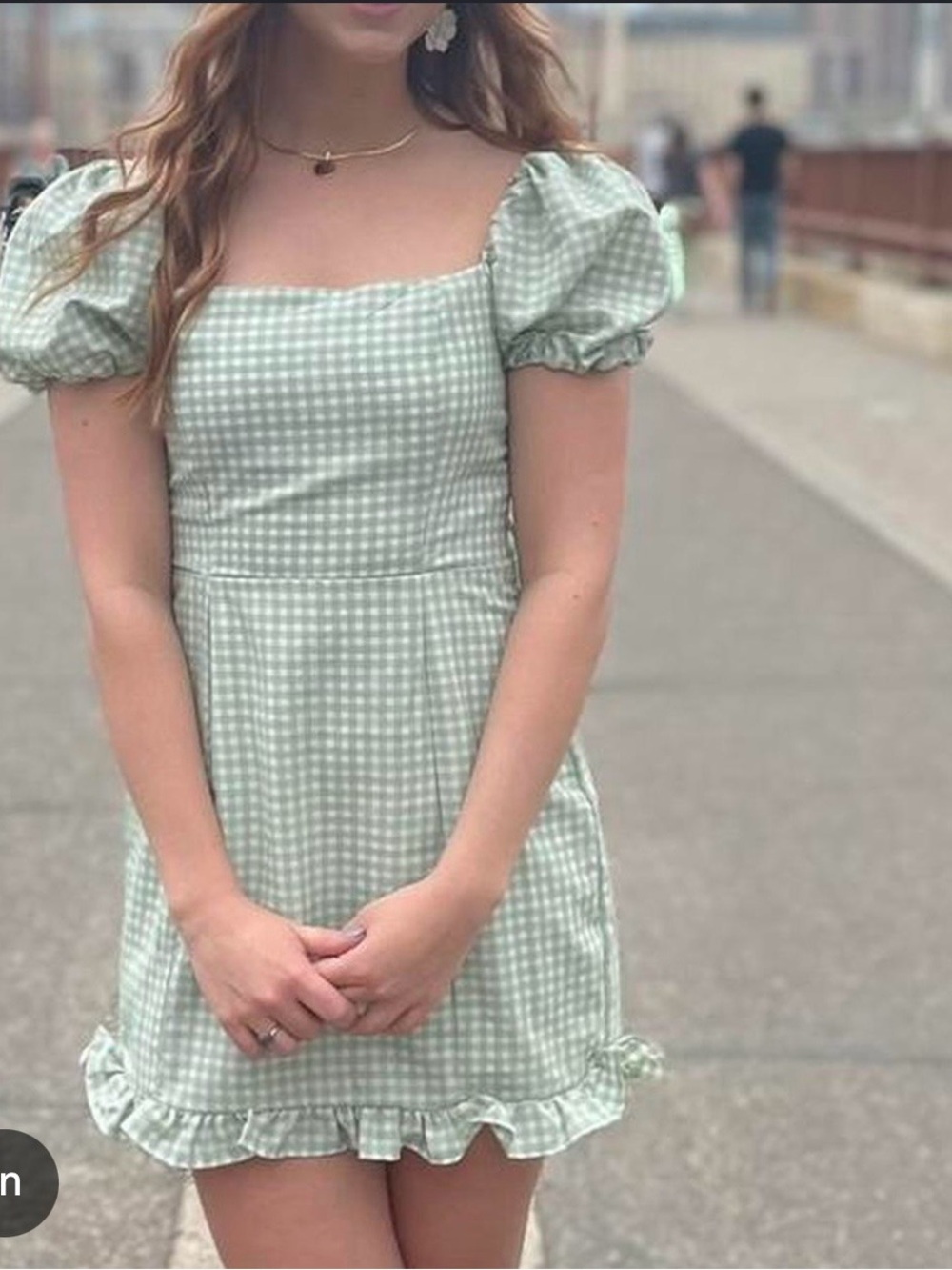 Altar'd State Green White Gingham/Checked Puff Sleeve Dress Large